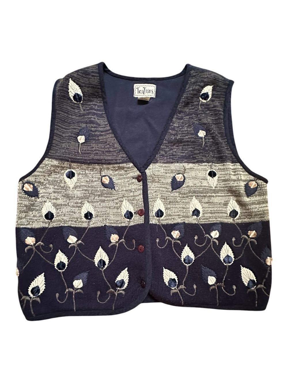 Tantrums Navy and Cream Embroidered V-Neck Sweater Vest